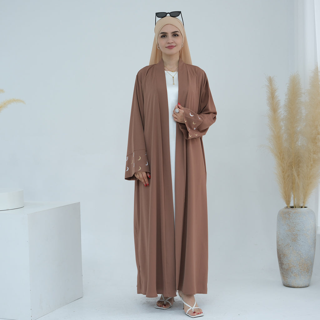 1785#New Arrival Cardigan Muslim Women's Dresses Moon Embroidery EID Linen Abaya