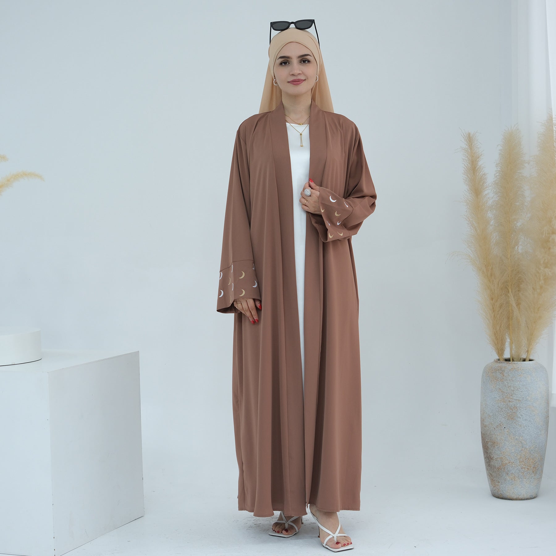 1785#New Arrival Cardigan Muslim Women's Dresses Moon Embroidery EID Linen Abaya
