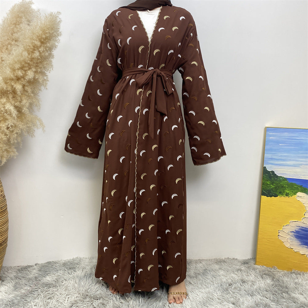 2002# Ramadan New Crepe Abaya Set Gold Border Pretty Moon Embroidery With Pockets