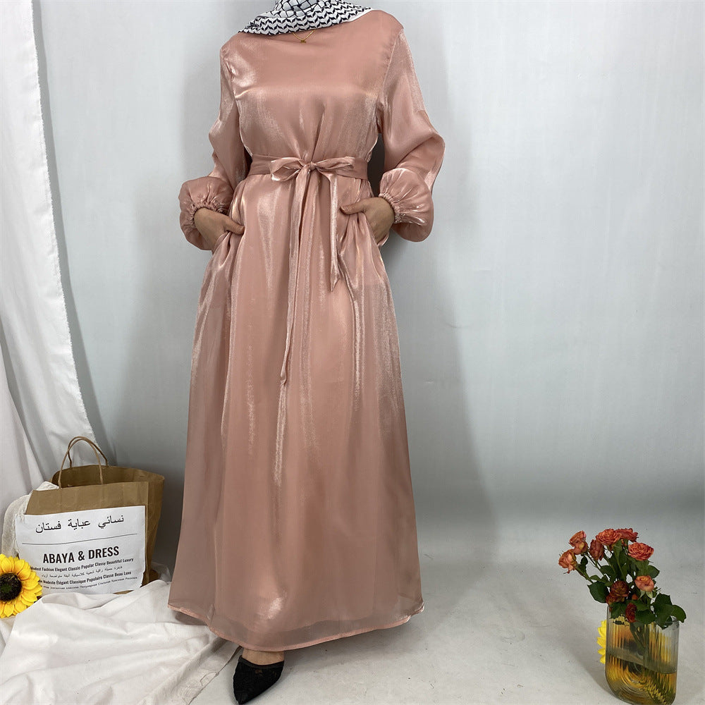 6855#  Flowy Lightweight Shiny Satin Muslim Loose Open Abaya Robe for Women
