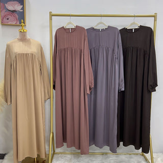 1592#High Quality Muslim Dress Puff Sleeve Soft Satin Plain Abaya