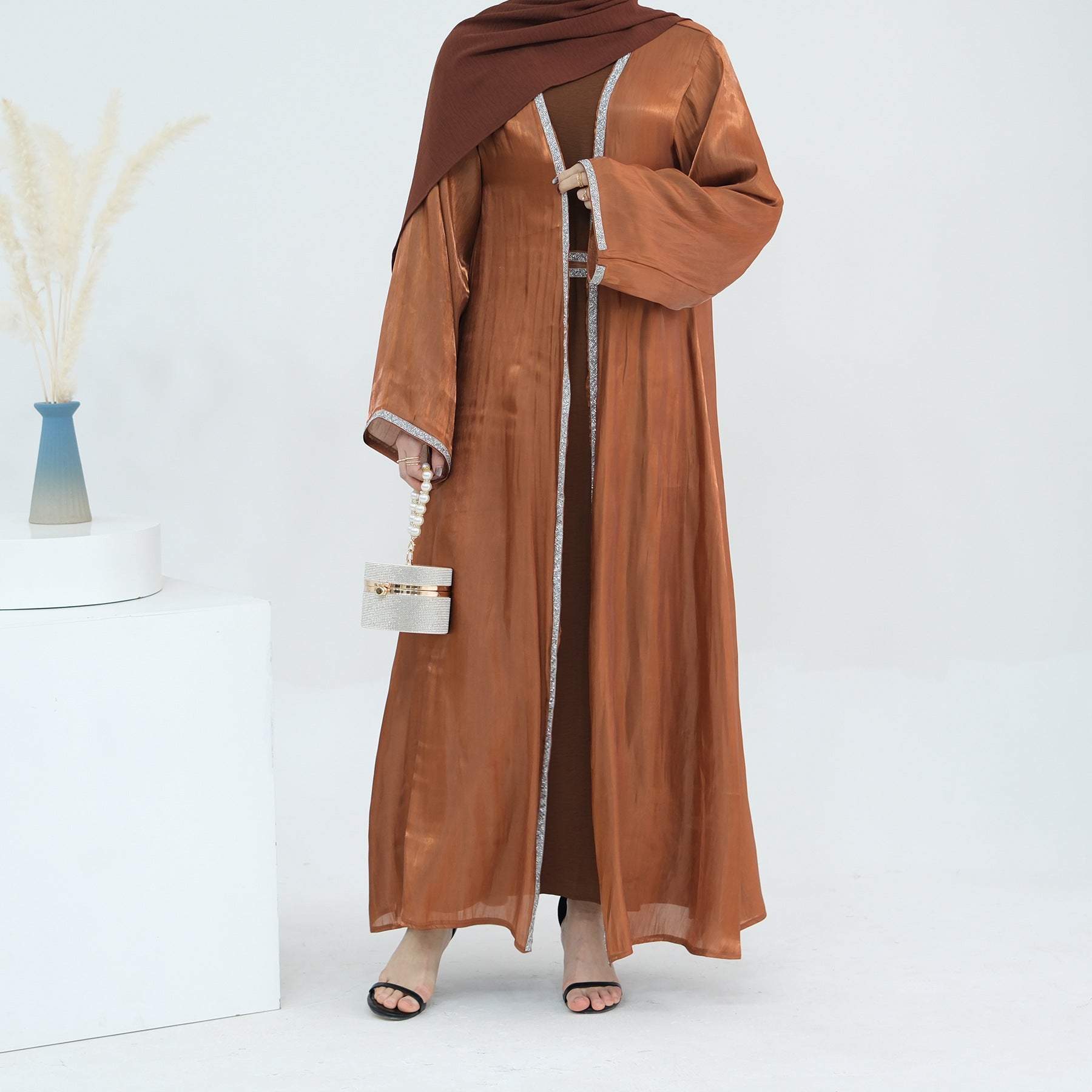 1699#2024 New Abaya Set Shinny Polyester Glitter Dubai Abaya Modest Kimono