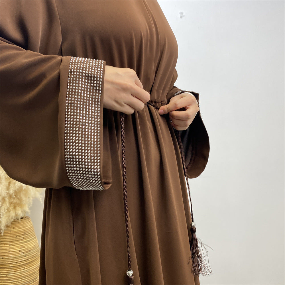 6758# Front zipper closed abaya dress loose cuff with rhinestone maxi dresses