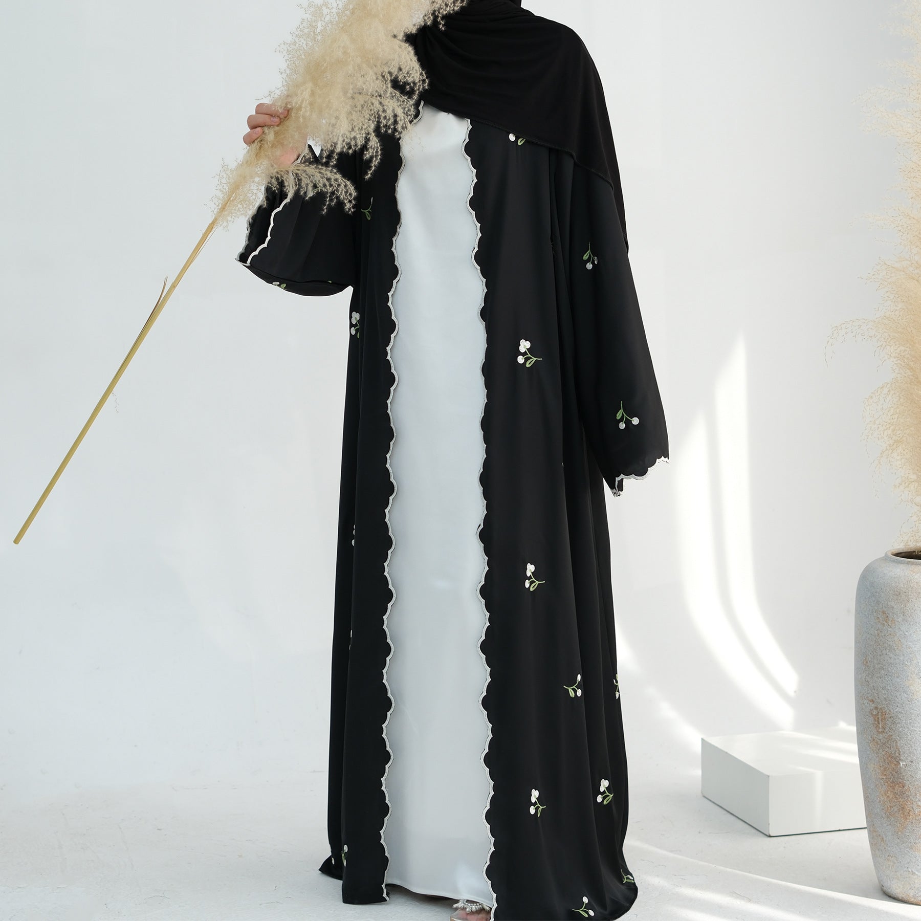 1881#Nida All Over Flower Embroidery Cardigan Modest Open Abaya Women Muslim Dress