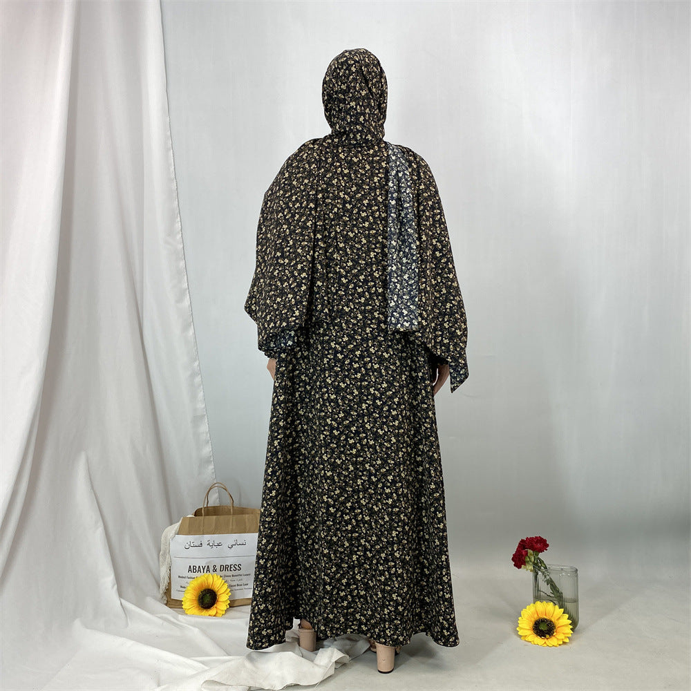 6847#Floral Printed One Piece Tradition Prayer Abaya Robe with Attached Hijab