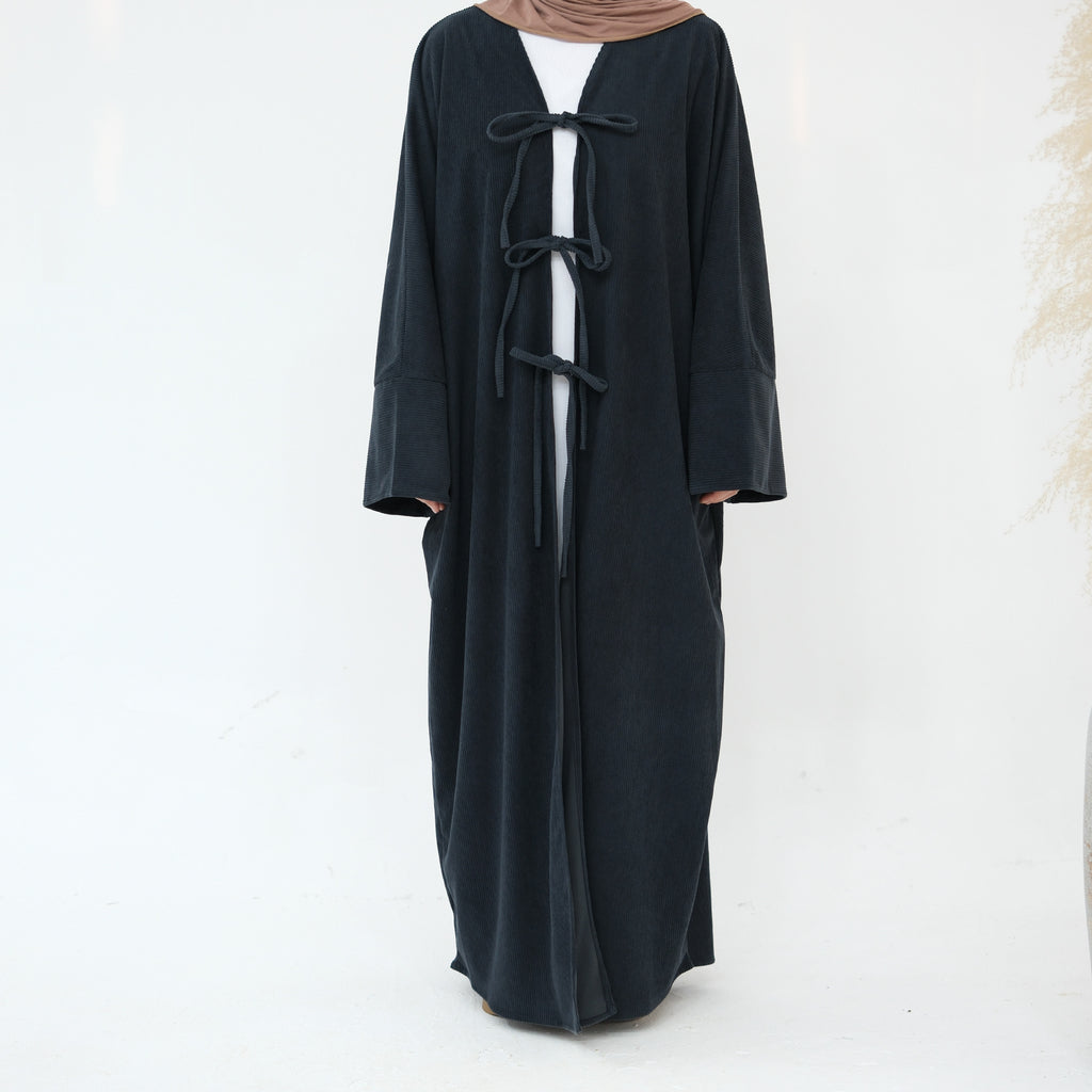 1927# Cutest Bow-Tie Front Open Corduroy Abaya Fall Winter Butterfly Cardigan Kimono Abaya