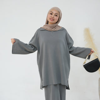 1929#Half Zipper Drop Shoulder Sweater Knit Muslim Women Two Pieces Set Oversized Tops Casual Fall Skirt Abaya Set