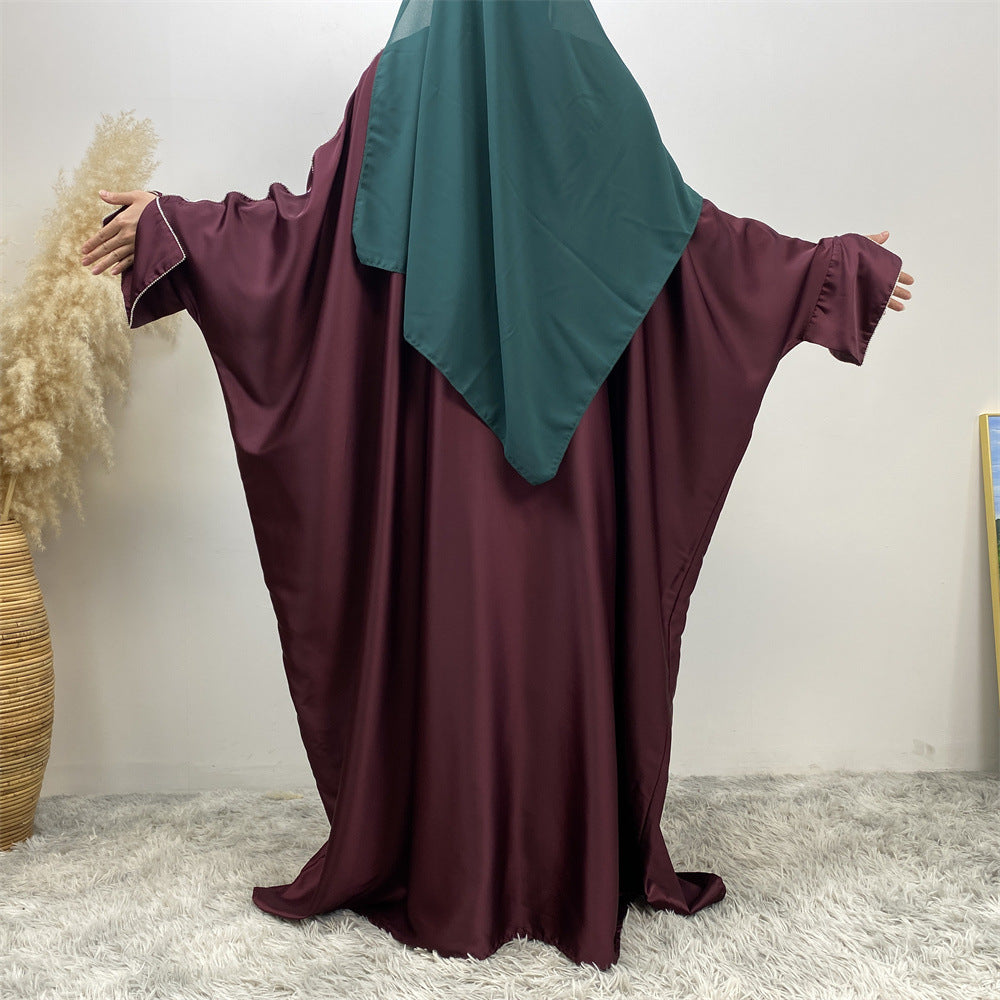 1427#New Arrival Muslim Women Silver Diamond Cardigan Islamic Clothing Light Shiny Satin Silk Abaya With Split Cuff