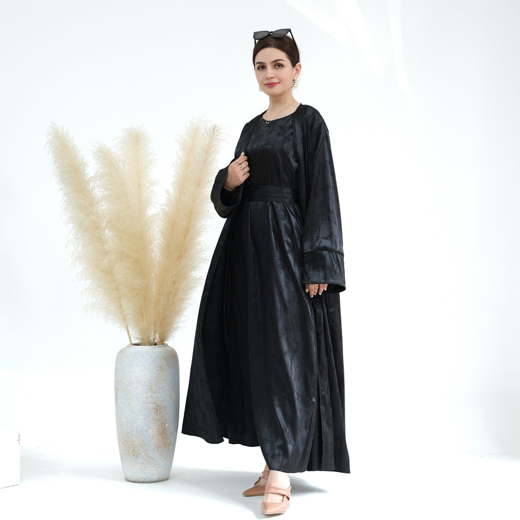 1655#Luxury Muslim Clothing Unique Satin Slip Dress and Open Abaya Set 2 Piece Modest Abaya