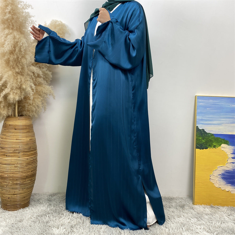 1439#Women Abaya Smooth Satin Kimono Slit Sleeve Popular Islamic Clothing Modest Silver Line Printed Abayas