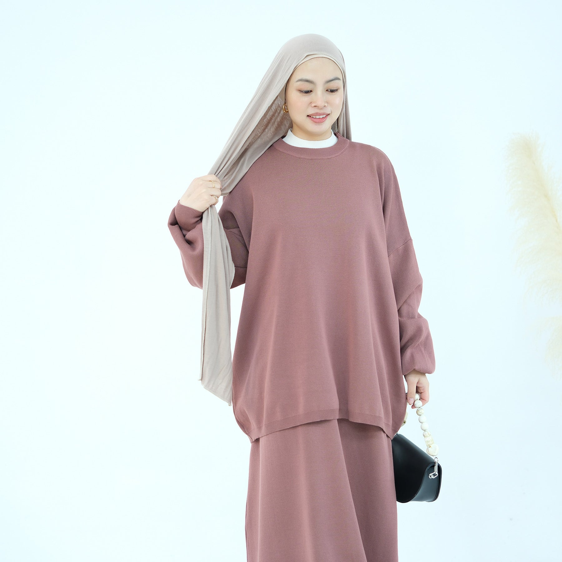 1928#Knit Fabric Solid Color Women's Dress Islamic Clothing Sweater Skirt Set 2pcs Winter Set Abaya