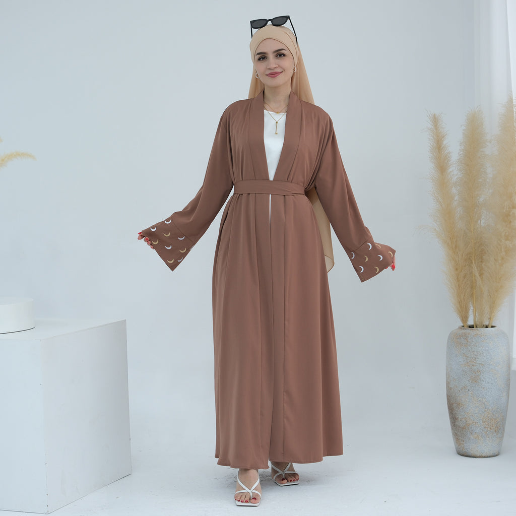 1785#New Arrival Cardigan Muslim Women's Dresses Moon Embroidery EID Linen Abaya