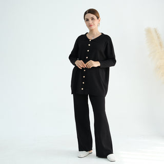 1869#Button Detailed Knit Sweater Pants Set Free Size Modest Two Pieces Women Casual Wear Fall Abaya Suit