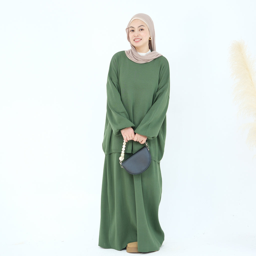 1928#Knit Fabric Solid Color Women's Dress Islamic Clothing Sweater Skirt Set 2pcs Winter Set Abaya