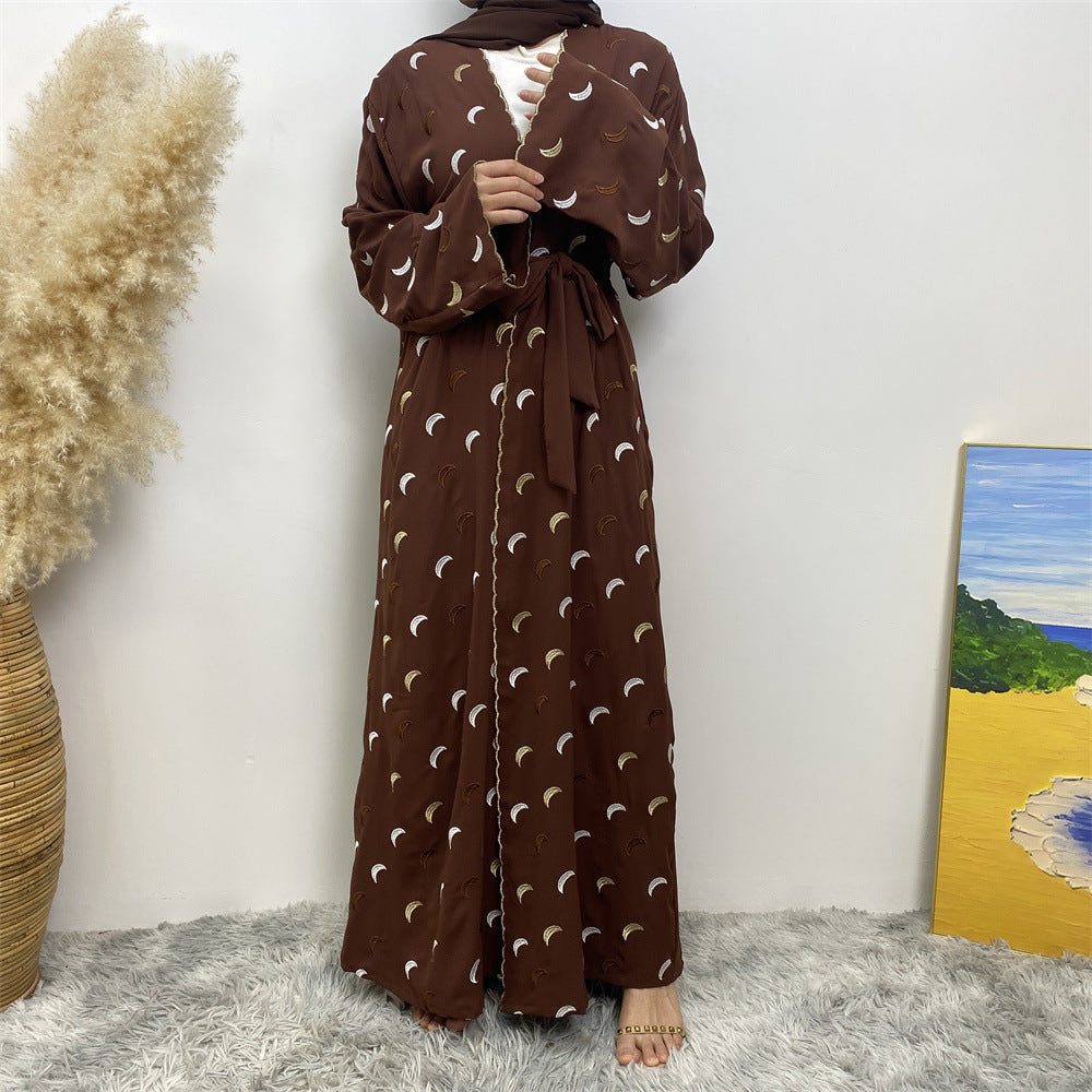 2002# Ramadan New Crepe Abaya Set Gold Border Pretty Moon Embroidery With Pockets