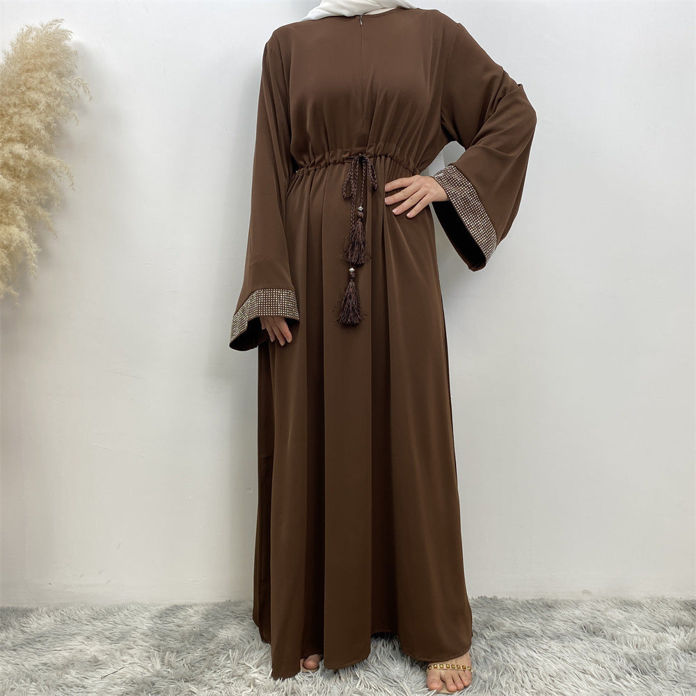 6758# Front zipper closed abaya dress loose cuff with rhinestone maxi dresses