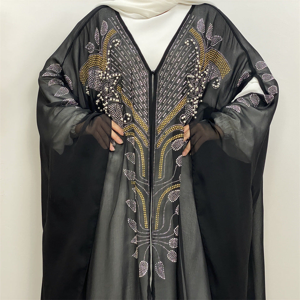 6743#Luxury New Rhinestone Chiffon Abaya Bead With Pearls Batwing Sleeves Classy Cardigan