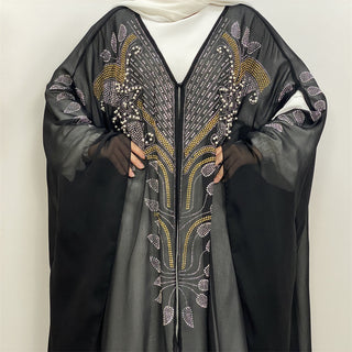 6743#Luxury New Rhinestone Chiffon Abaya Bead With Pearls Batwing Sleeves Classy Cardigan