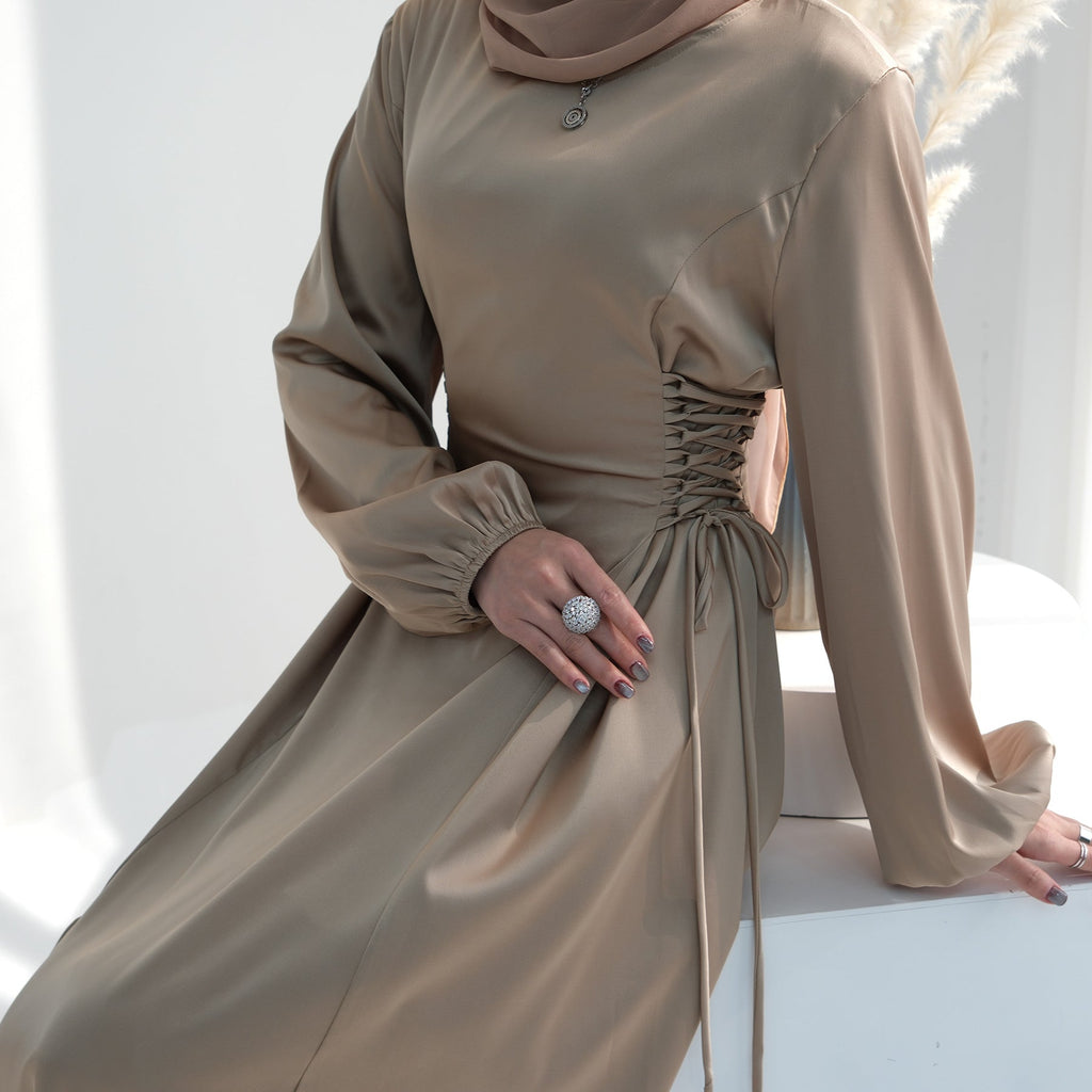 1702#2024 New Modest Dresses Satin Casual Dresses Abaya Women Muslim Dress Ramadan 的副本