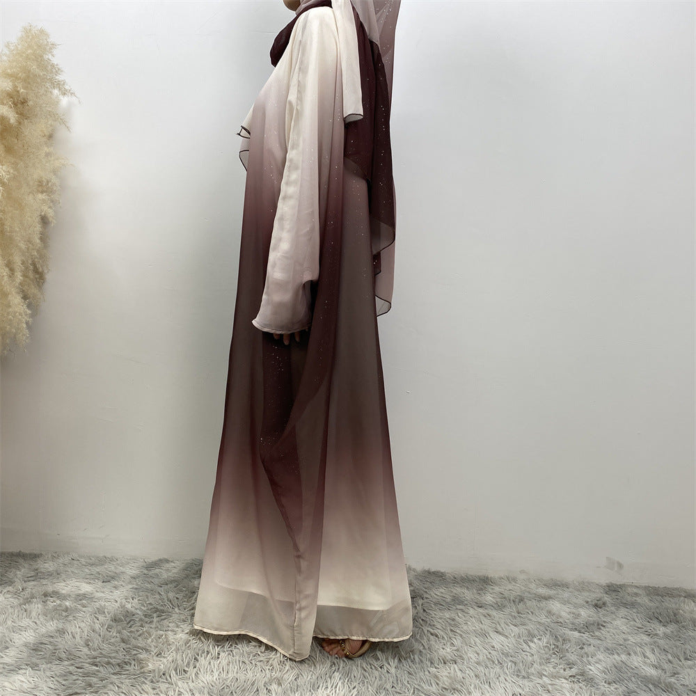 67501#2024 Kimono Abaya Dubai Gradient Color Islamic Clothing Women Muslim Dress with Hijab