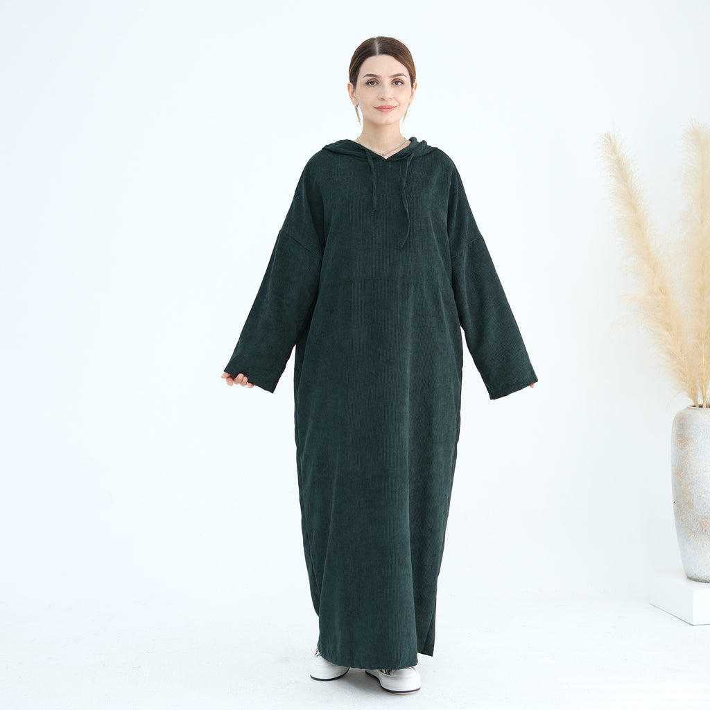 1890#Casual Cordury Hoodie Abaya Loose  Muslim Women Dress with Pockets Daily Wear Winter Abaya