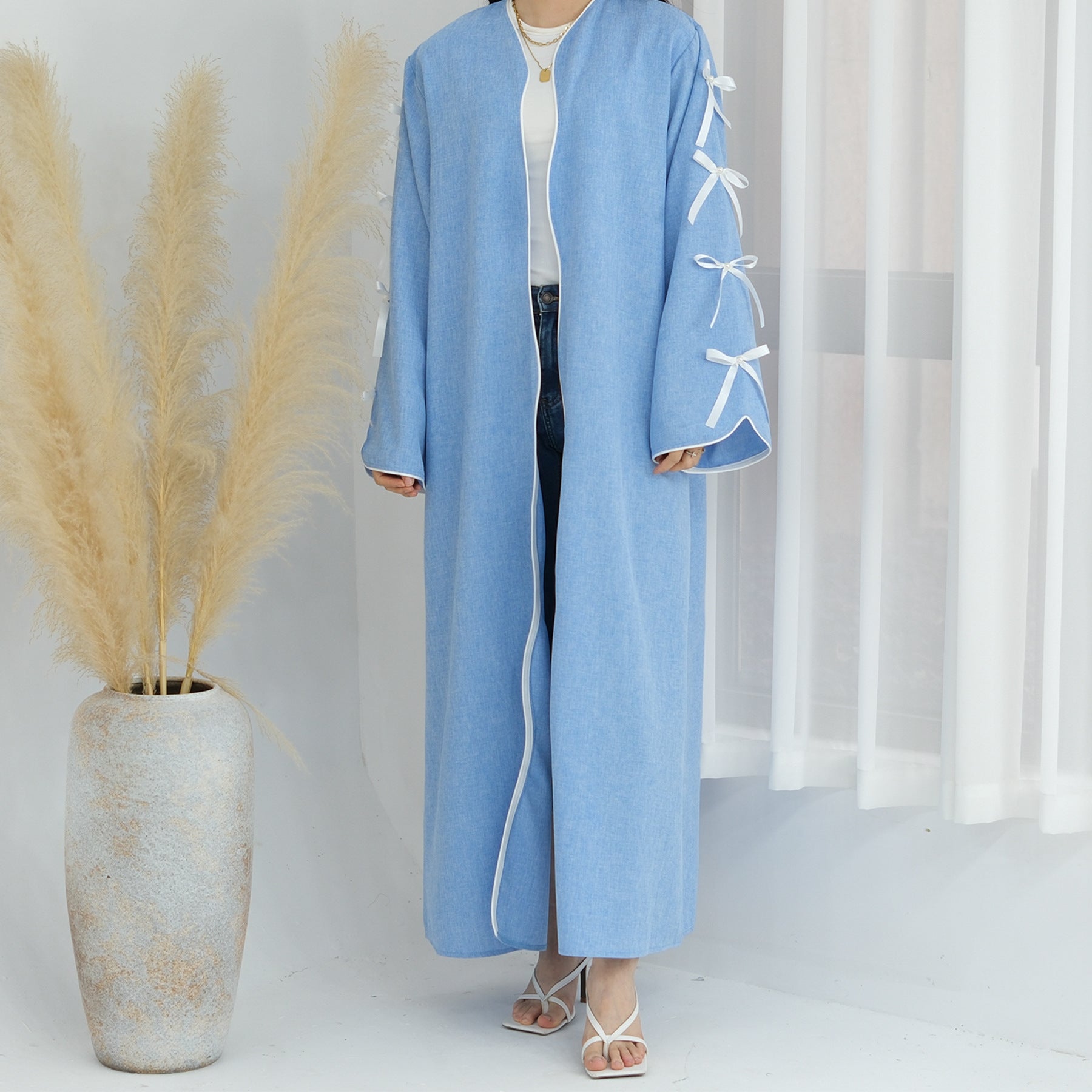 1800#Linen New Arrival Islamic Clothing Cardigan Open abaya With Bowknots Women's Clothing Abaya Women Muslim Dress