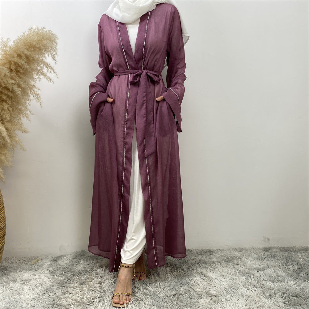 1425#New Material Transparent Silk Polyester Luxury Diamond Border With Pockets Women Open Abaya