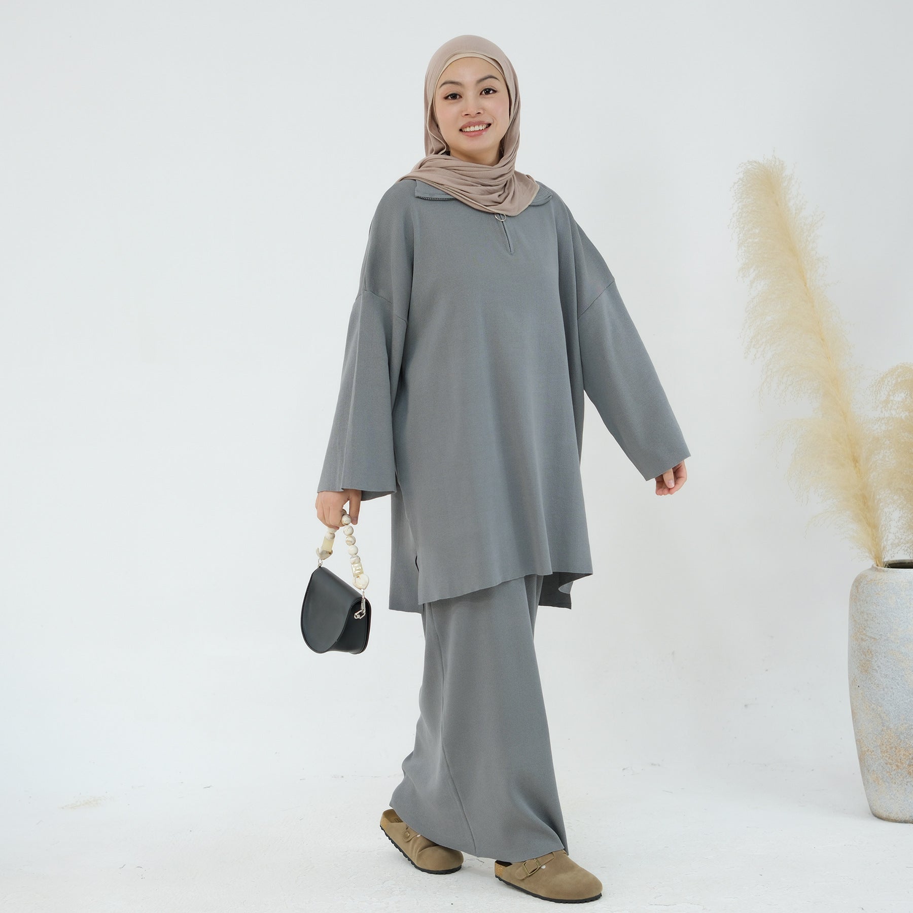 1929#Half Zipper Drop Shoulder Sweater Knit Muslim Women Two Pieces Set Oversized Tops Casual Fall Skirt Abaya Set