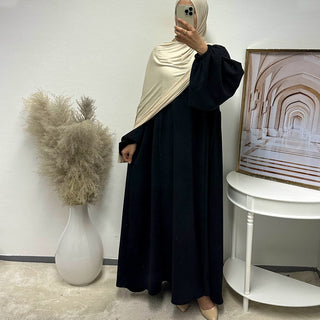 1919#New Winter Abaya Round Neck Balloon Sleeves Solid Color Cordury Closed Abaya Women Dresses