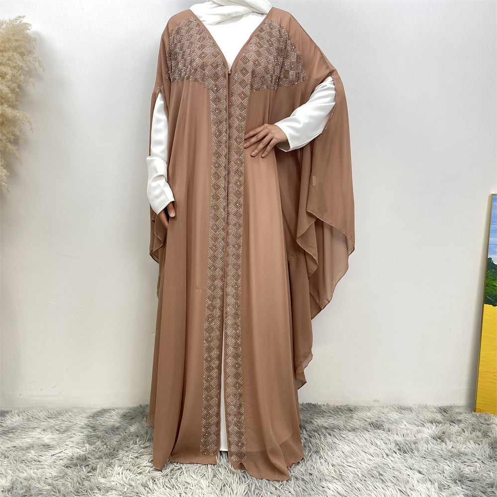 6739# Luxury Rhinestone Chiffon Abaya Hot Drilling Bead With Pearls Classy Cardigan