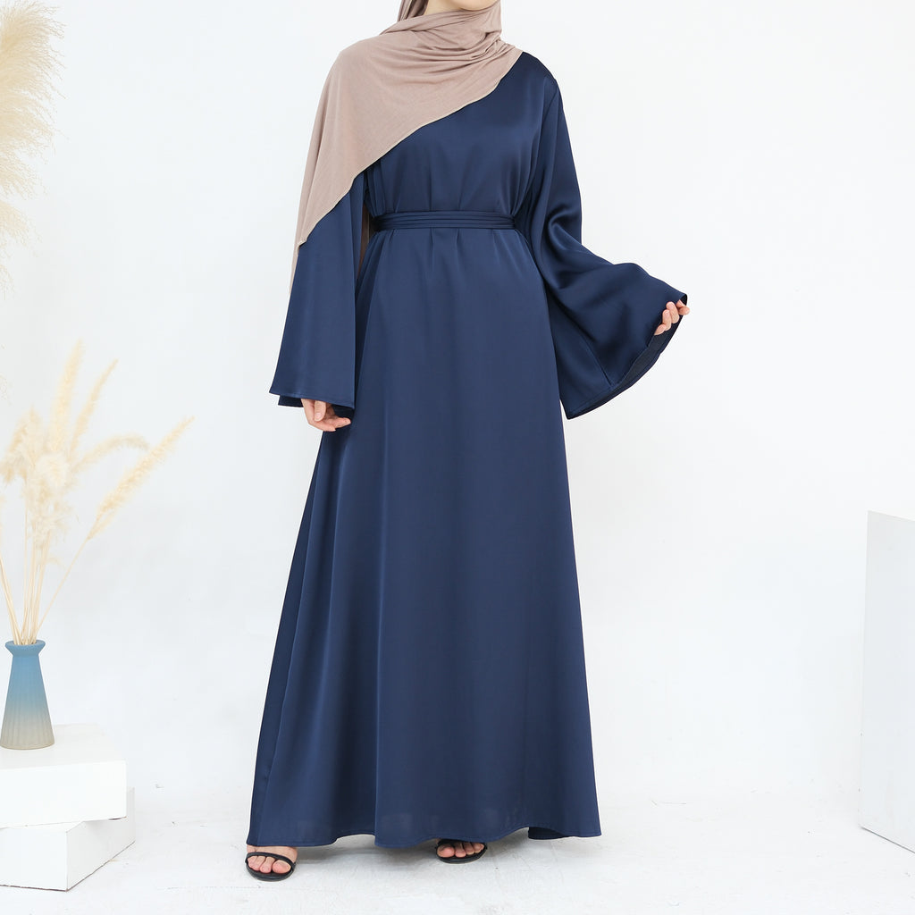 1860# Plain Silk Abaya Muslim Women Dress Islamic Clothing Modest Dresses with Adjustable Belt