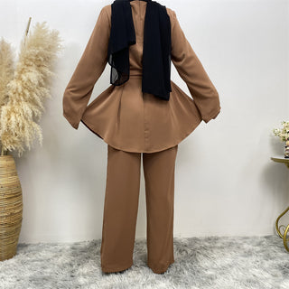 2272# Solid color popular office sets long sleeve blouse loose wide leg pant 2 pieces sets