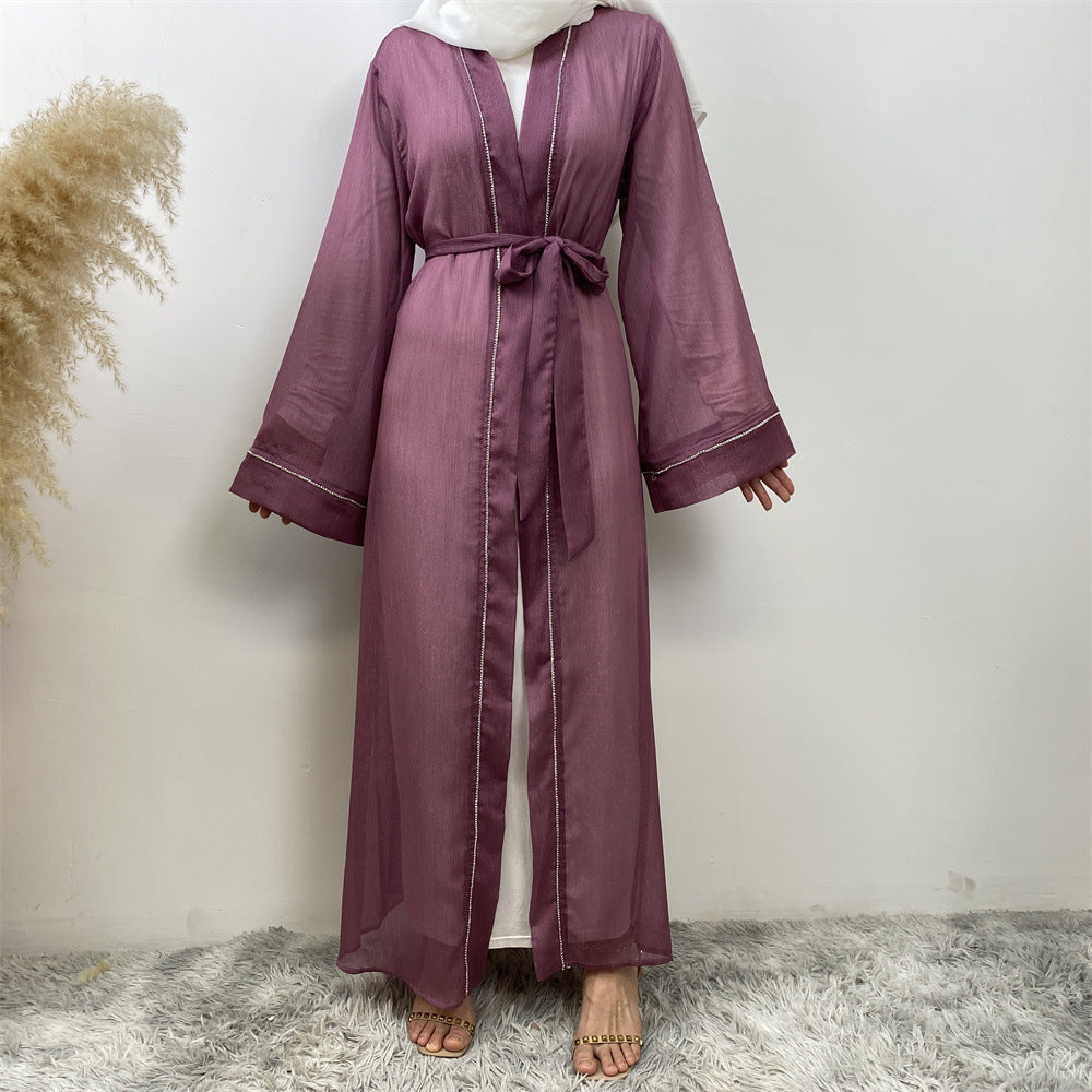 1425#New Material Transparent Silk Polyester Luxury Diamond Border With Pockets Women Open Abaya
