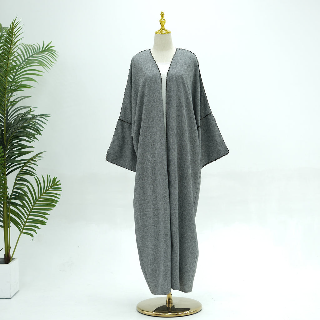 1849# EID Ramadan Modest Dubai Abaya Women Muslim Dress Slit Sleeves Linen Polyester Cardigan Abaya
