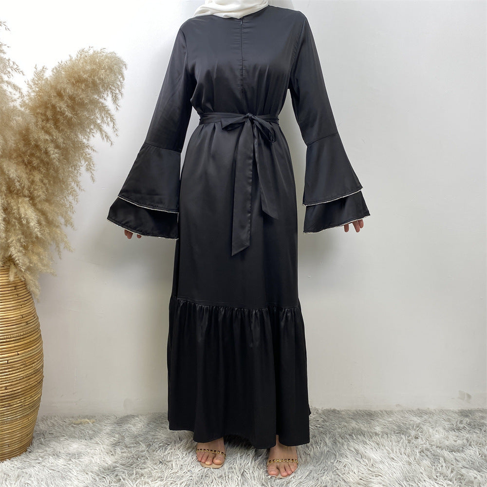6789# New Front Zipper Two Layers With Sparkle Diamond Sleeves With Pockets Muslim Women Dress