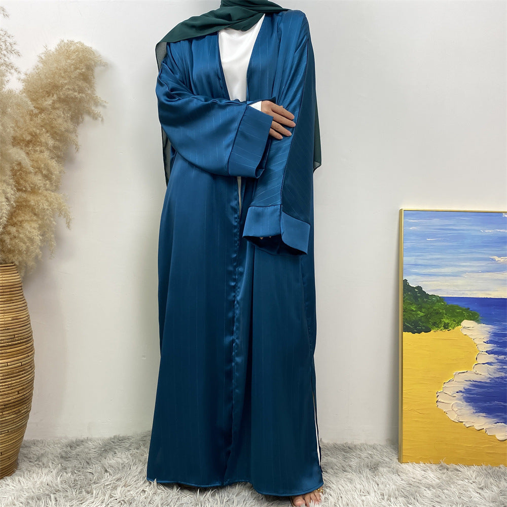 1439#Women Abaya Smooth Satin Kimono Slit Sleeve Popular Islamic Clothing Modest Silver Line Printed Abayas
