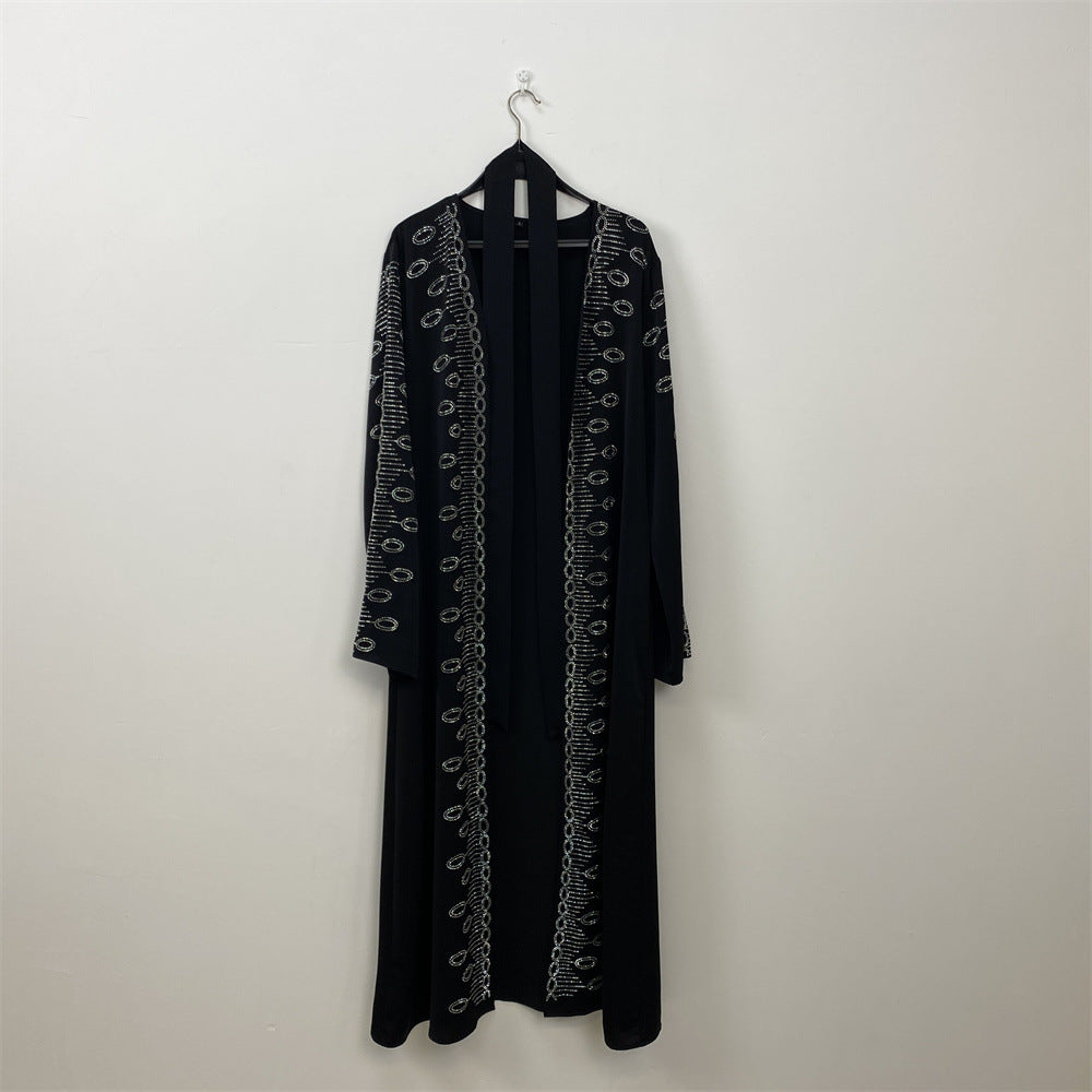 1424#Modest Coats for Muslim Women Nida Open Abaya With Sequins Black Long Coat With Side Pockets