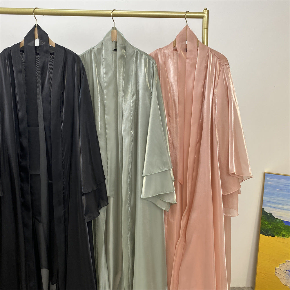 1432#Flowy Shiny Silk Material New Design Two Layers Loose Sleeves Classy Fashion Popular Ladies Islamic Open Abaya