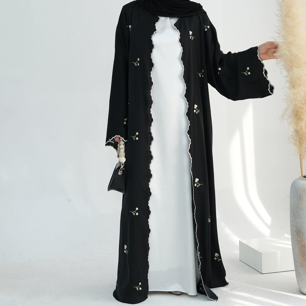 1881#Nida All Over Flower Embroidery Cardigan Modest Open Abaya Women Muslim Dress