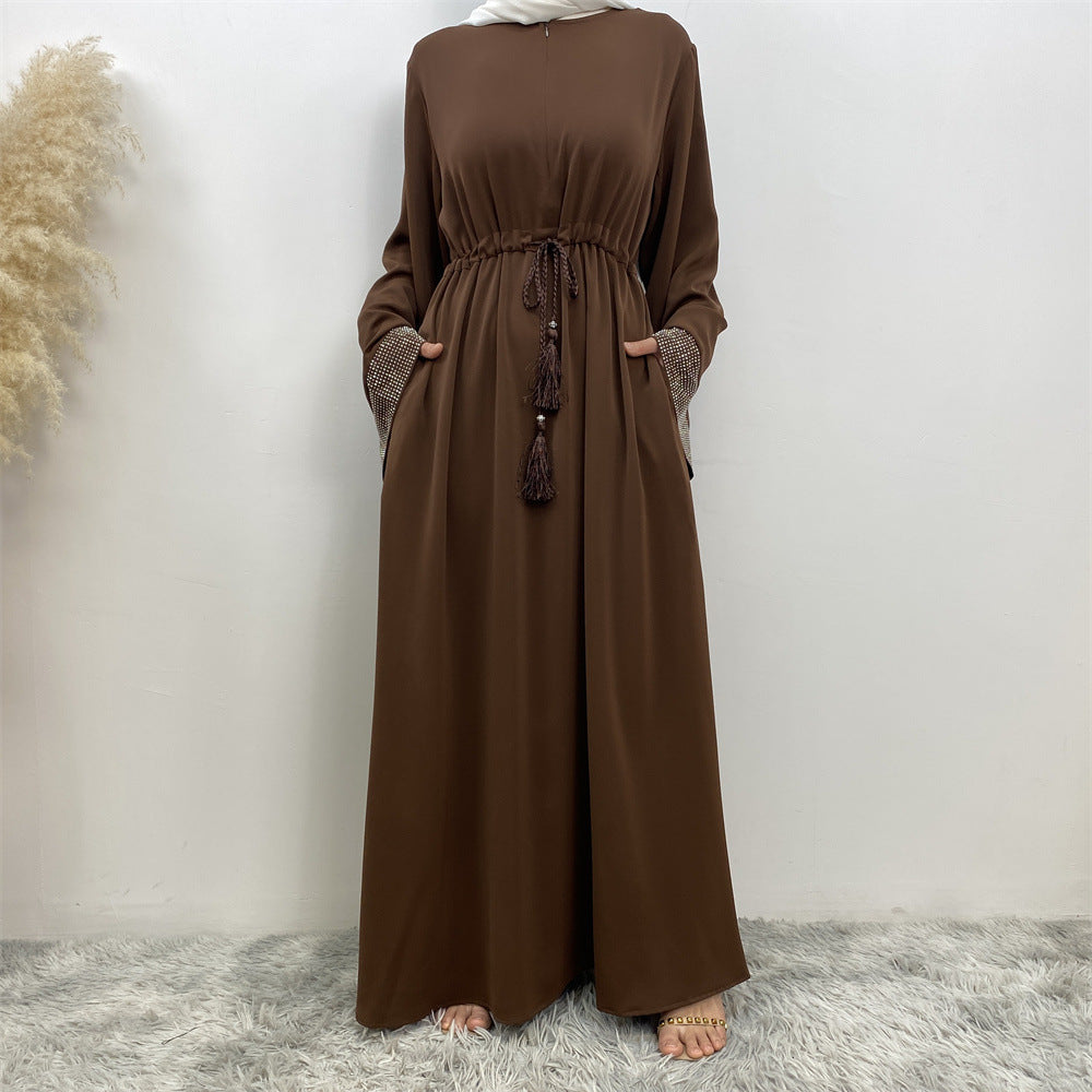 6758# Front zipper closed abaya dress loose cuff with rhinestone maxi dresses
