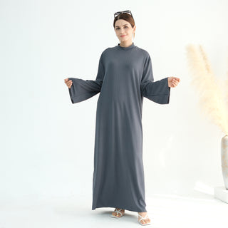 1905#High Neck Simple Daily Wear Plain Modest Abaya Women Muslim Dress Long Sleeve Slip Dress