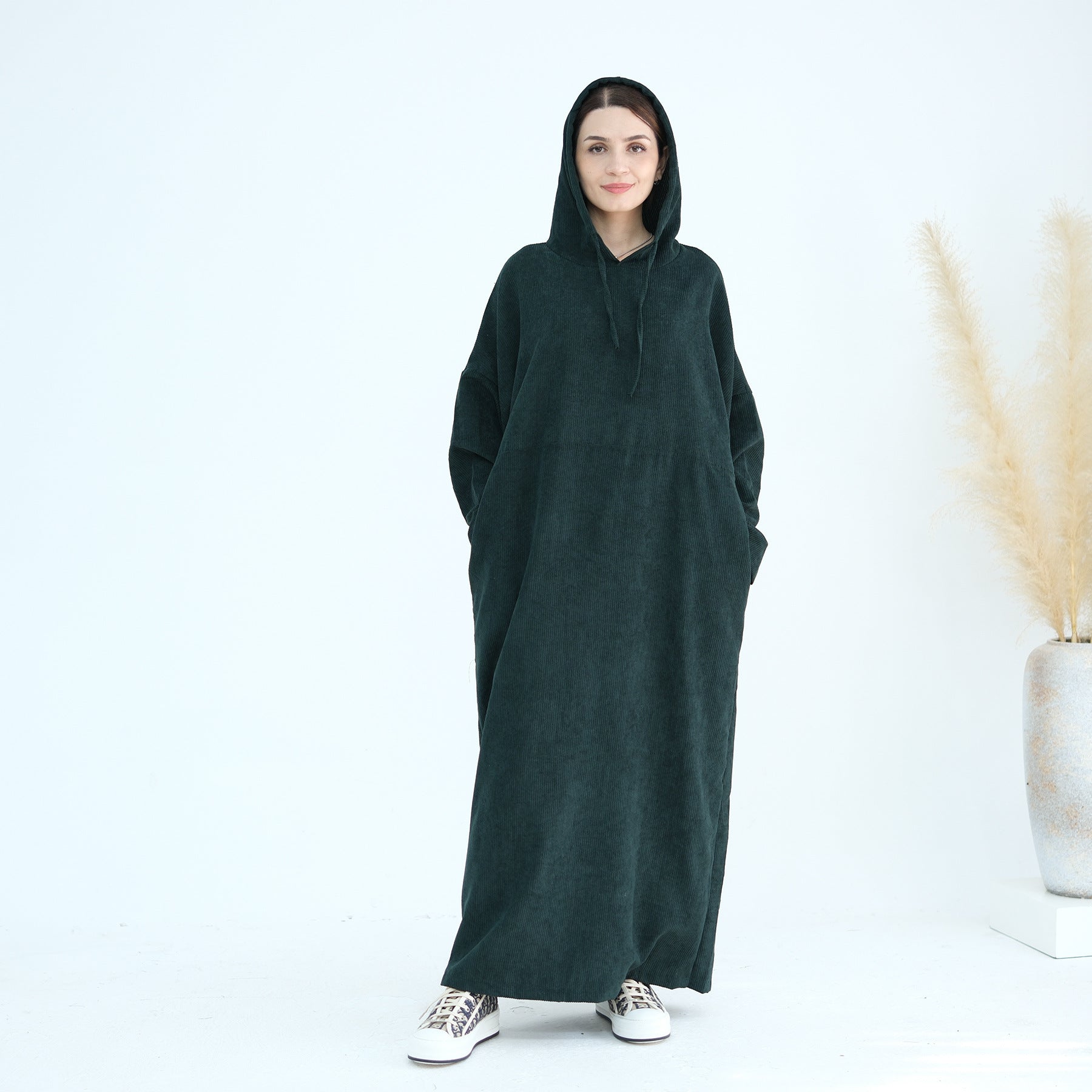 1890#Casual Cordury Hoodie Abaya Loose  Muslim Women Dress with Pockets Daily Wear Winter Abaya