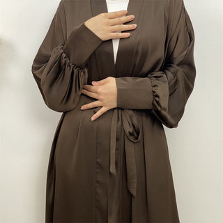 1975# New satin open abaya women dubai cardigan with side pockets