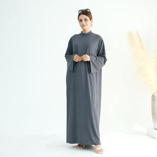 1905#High Neck Simple Daily Wear Plain Modest Abaya Women Muslim Dress Long Sleeve Slip Dress