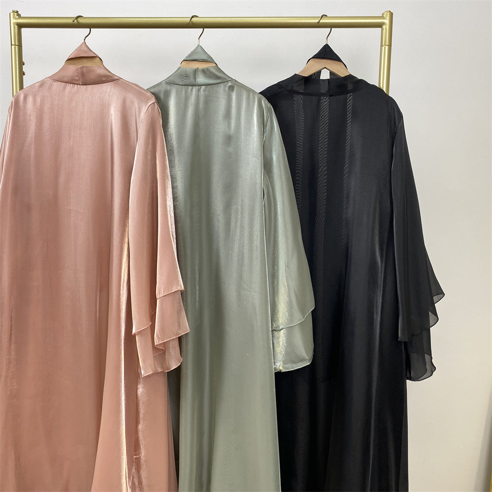 1432#Flowy Shiny Silk Material New Design Two Layers Loose Sleeves Classy Fashion Popular Ladies Islamic Open Abaya