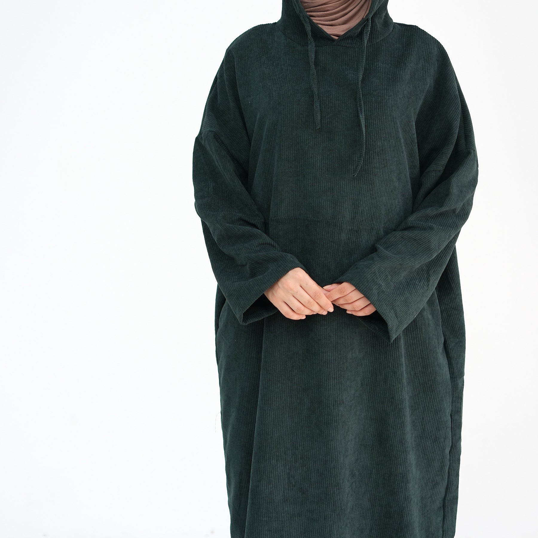 1890#Casual Cordury Hoodie Abaya Loose  Muslim Women Dress with Pockets Daily Wear Winter Abaya