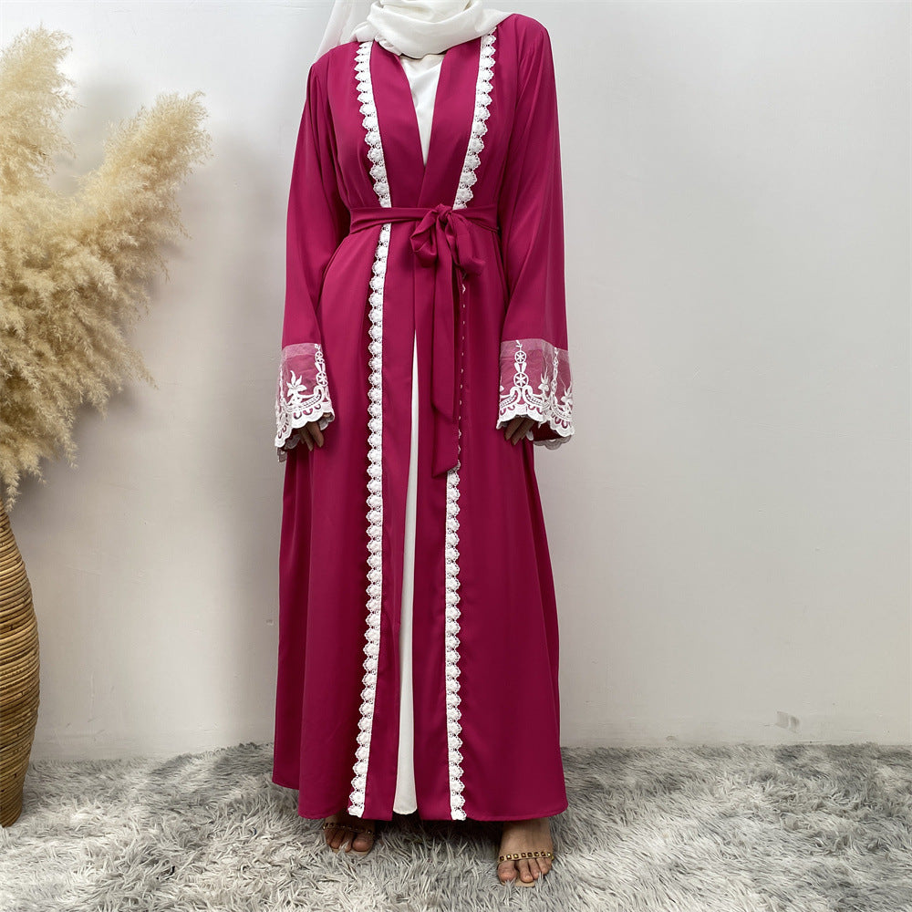 1405#Latest Eid Nida Material Flower Lace Border Classy Embroidery Women Open Abaya