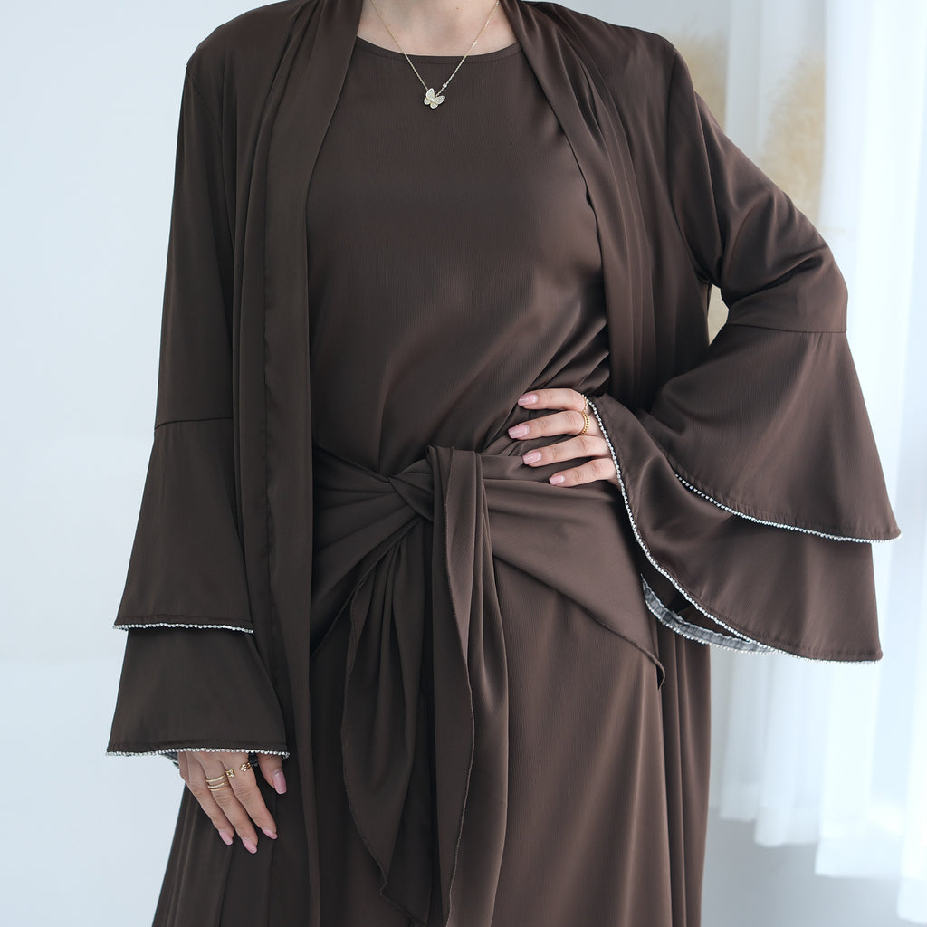 1760#3pcs Abaya Women Muslim Dress Set Ruffle Sleeves Ramadan Kaftan