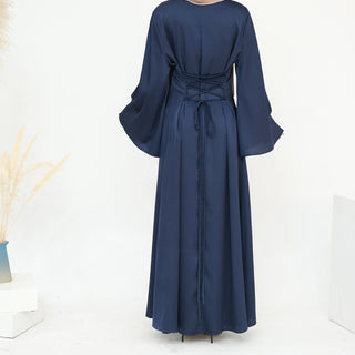 1860# Plain Silk Abaya Muslim Women Dress Islamic Clothing Modest Dresses with Adjustable Belt