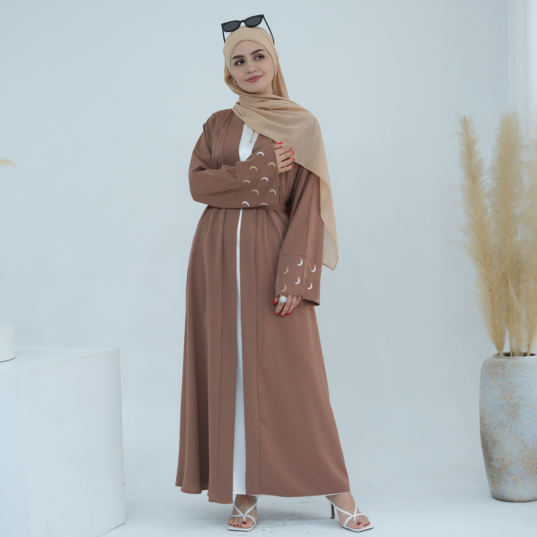 1785#New Arrival Cardigan Muslim Women's Dresses Moon Embroidery EID Linen Abaya